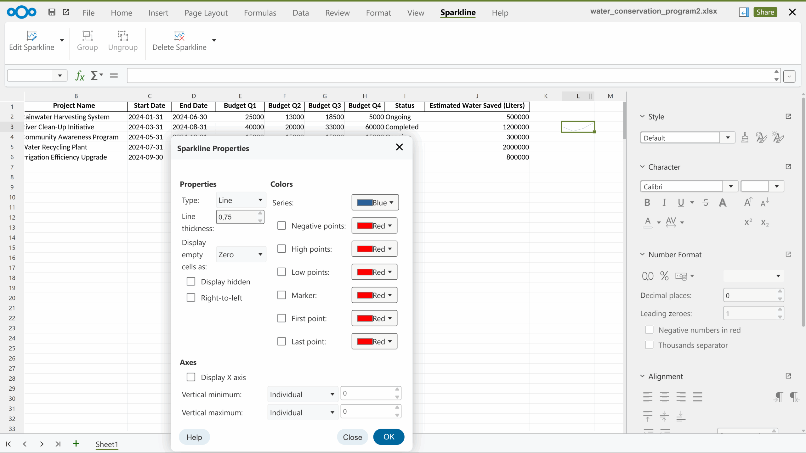 Spreadsheet sparkline contextual tab